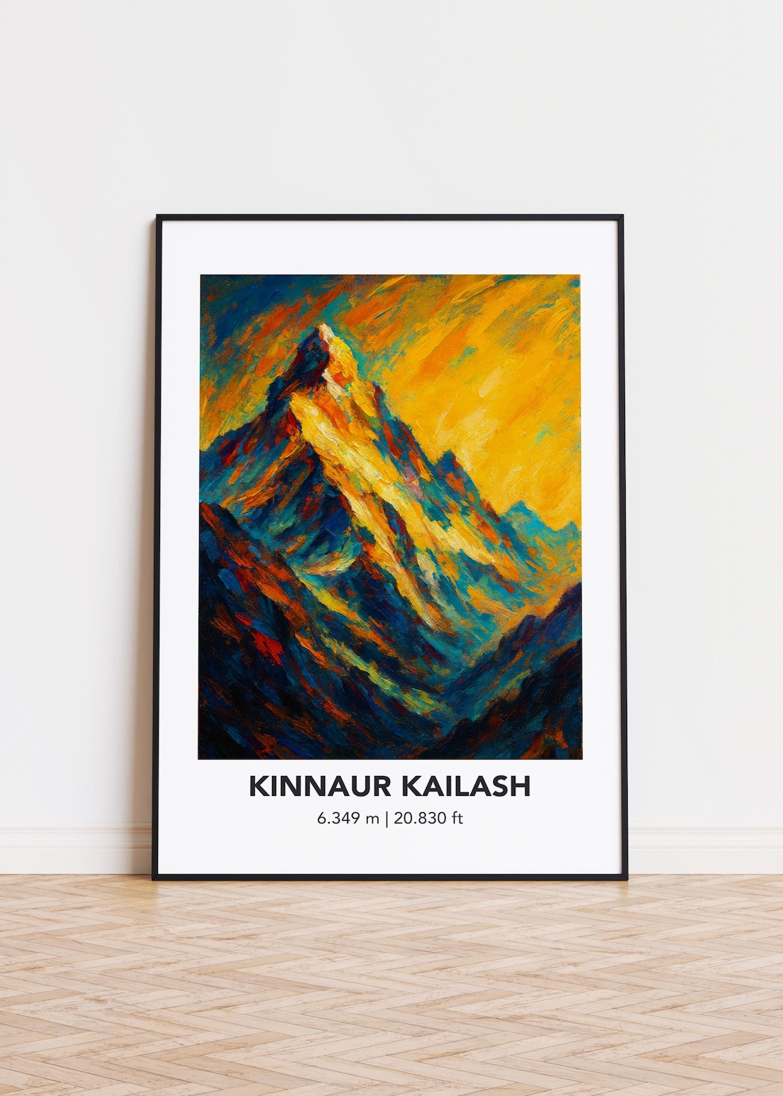 Kinnaur Kailash 6349M Towering Peak Golden Sky Oil Painting Style Poster