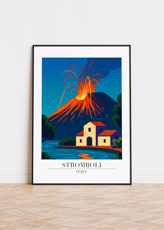 Stromboli Italy Erupting Volcano Dramatic Modern Travel Poster