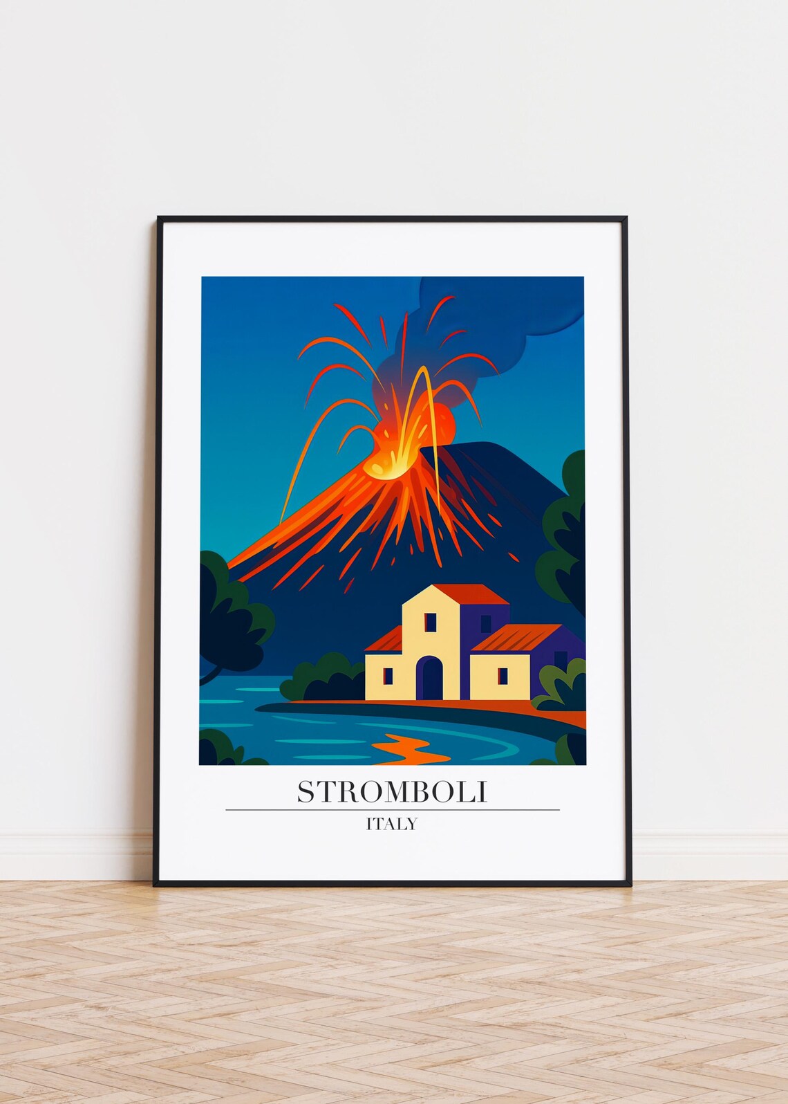 Stromboli Italy Erupting Volcano Dramatic Modern Travel Poster