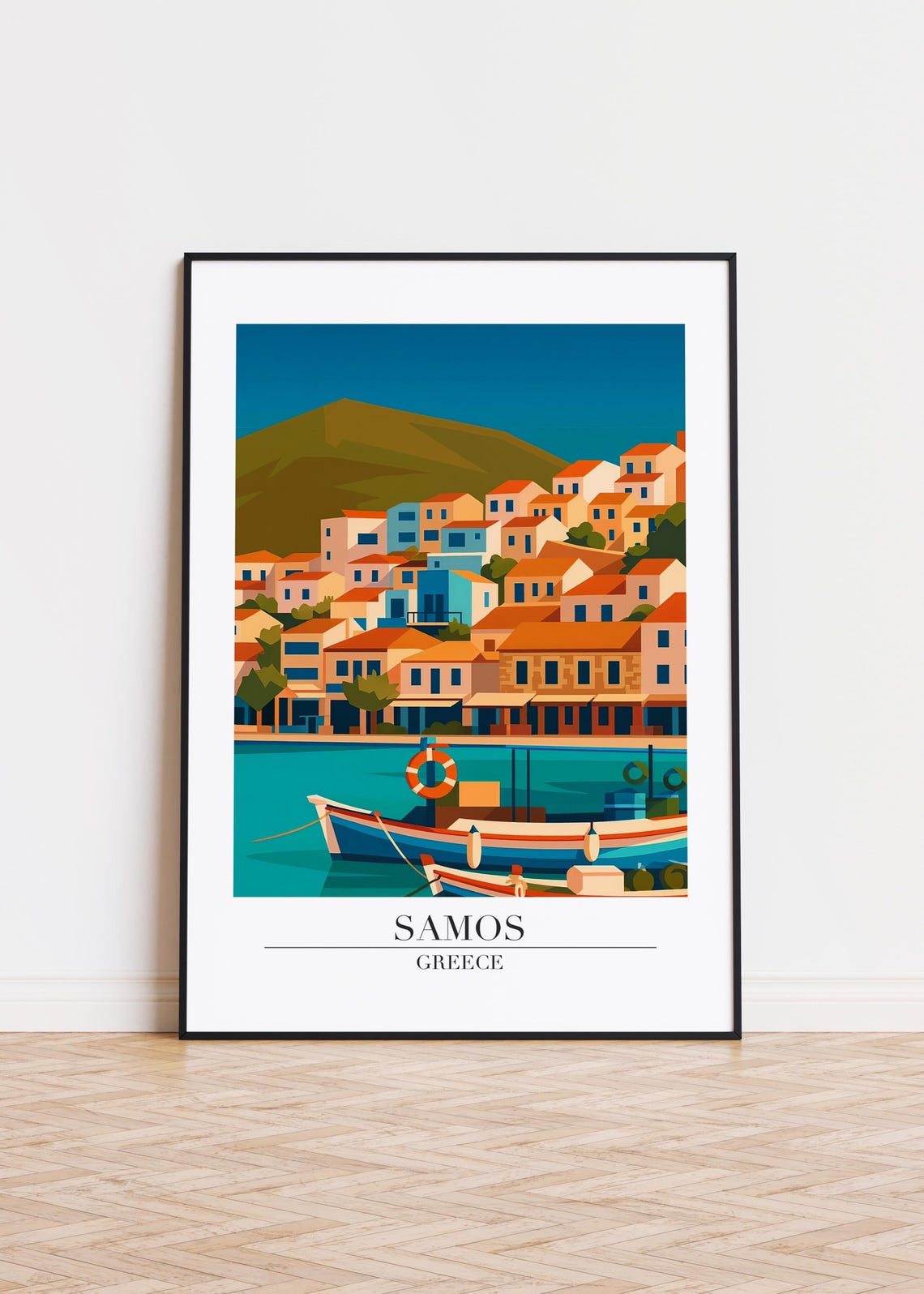 Samos Greece Harbor Town Fishing Boat Colorful Retro Travel Poster