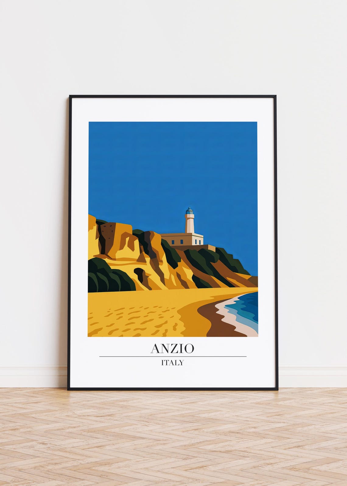 Anzio Italy Lighthouse Beach Cliff Retro Travel Illustration Poster