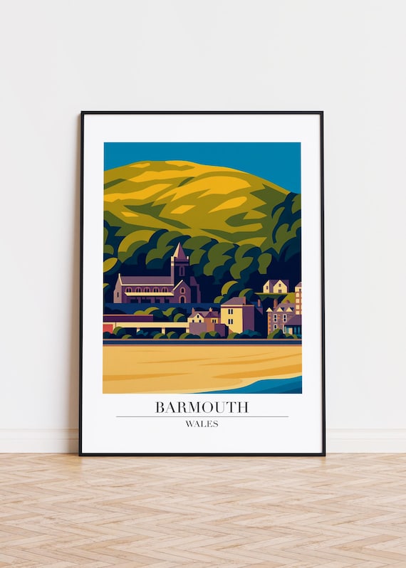 Barmouth Wales Mountain Town and Beach Modern Travel Art Poster
