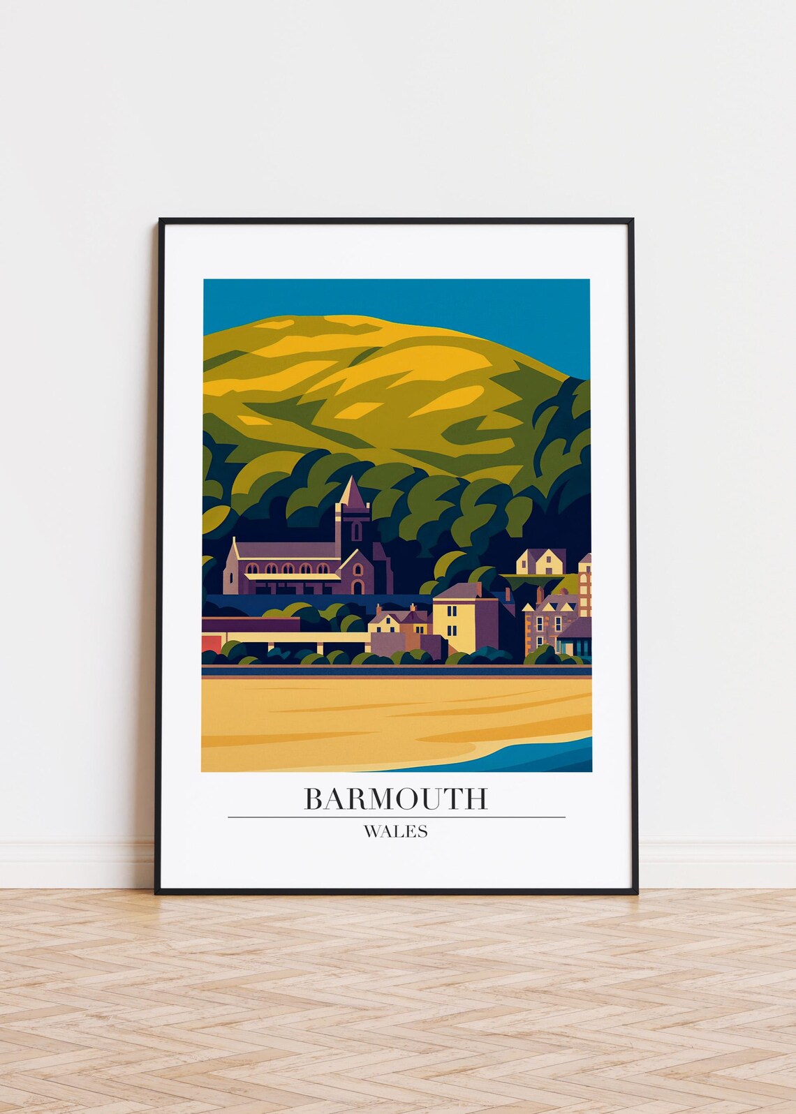 Barmouth Wales Mountain Town and Beach Modern Travel Art Poster