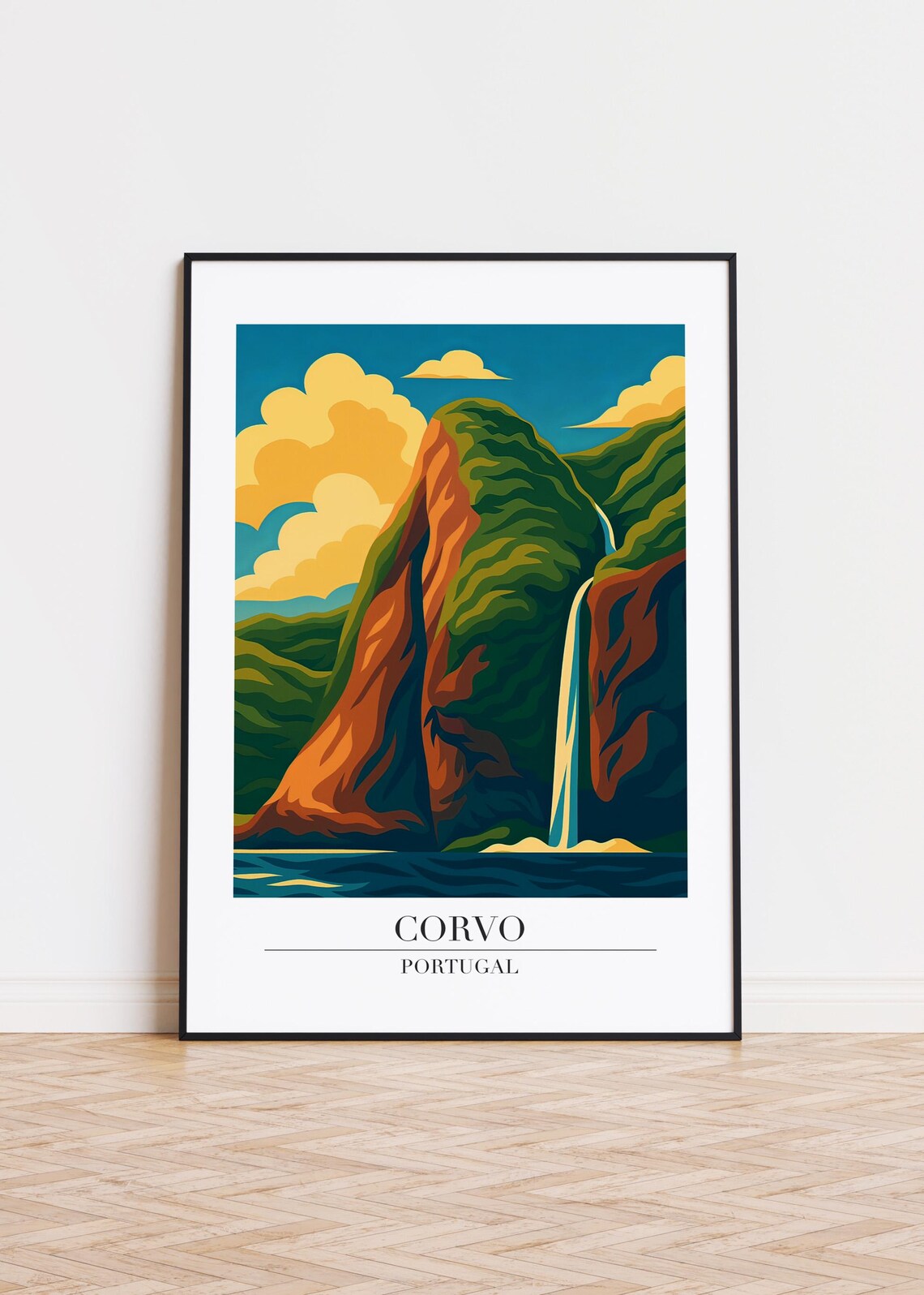 Corvo Portugal Waterfall Cascading Green Cliffs Ocean Dramatic Travel Poster