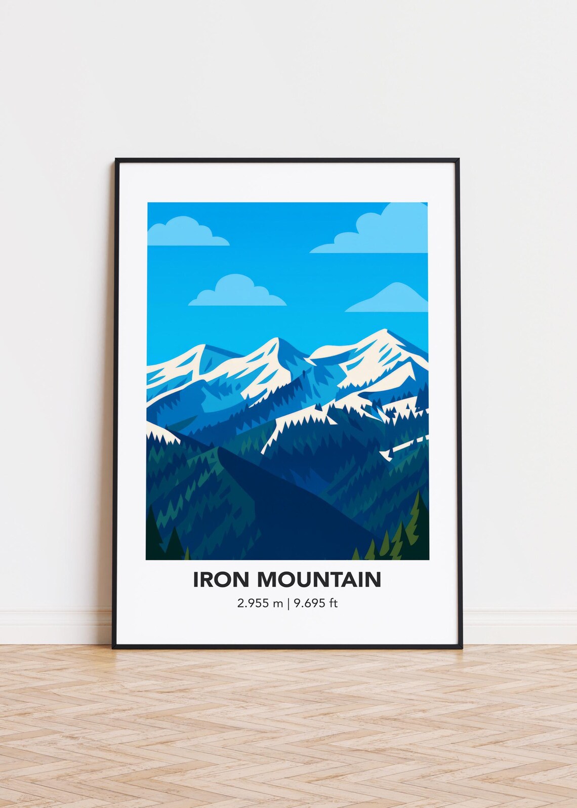 Iron Mountain Bright Blue Sky Snow Peaks Minimalist Travel Poster