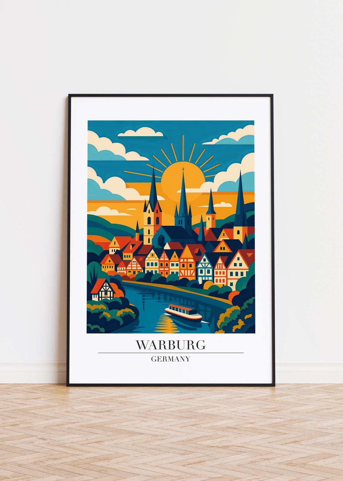 Warburg Germany Sunset Skyline Church Spires Riverboat Poster