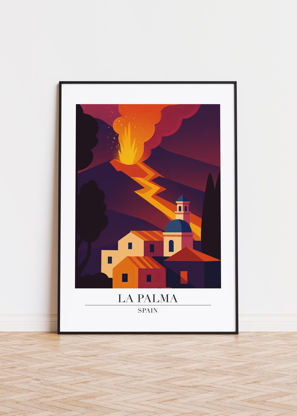 La Palma Spain Volcano Eruption Village Church Dramatic Travel Poster