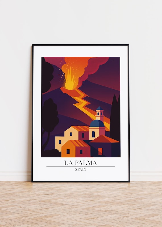 La Palma Spain Volcano Eruption Village Church Dramatic Travel Poster