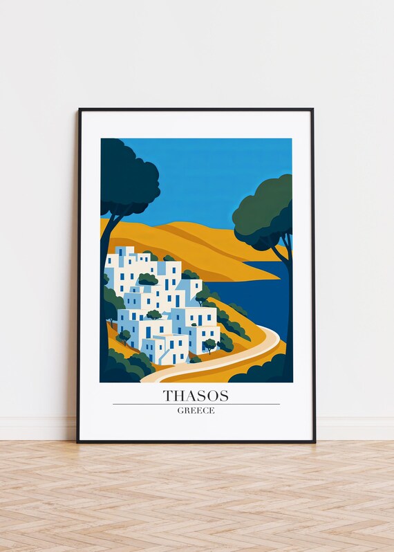 Thasos Greece White Village Hillside Coast Illustration Poster