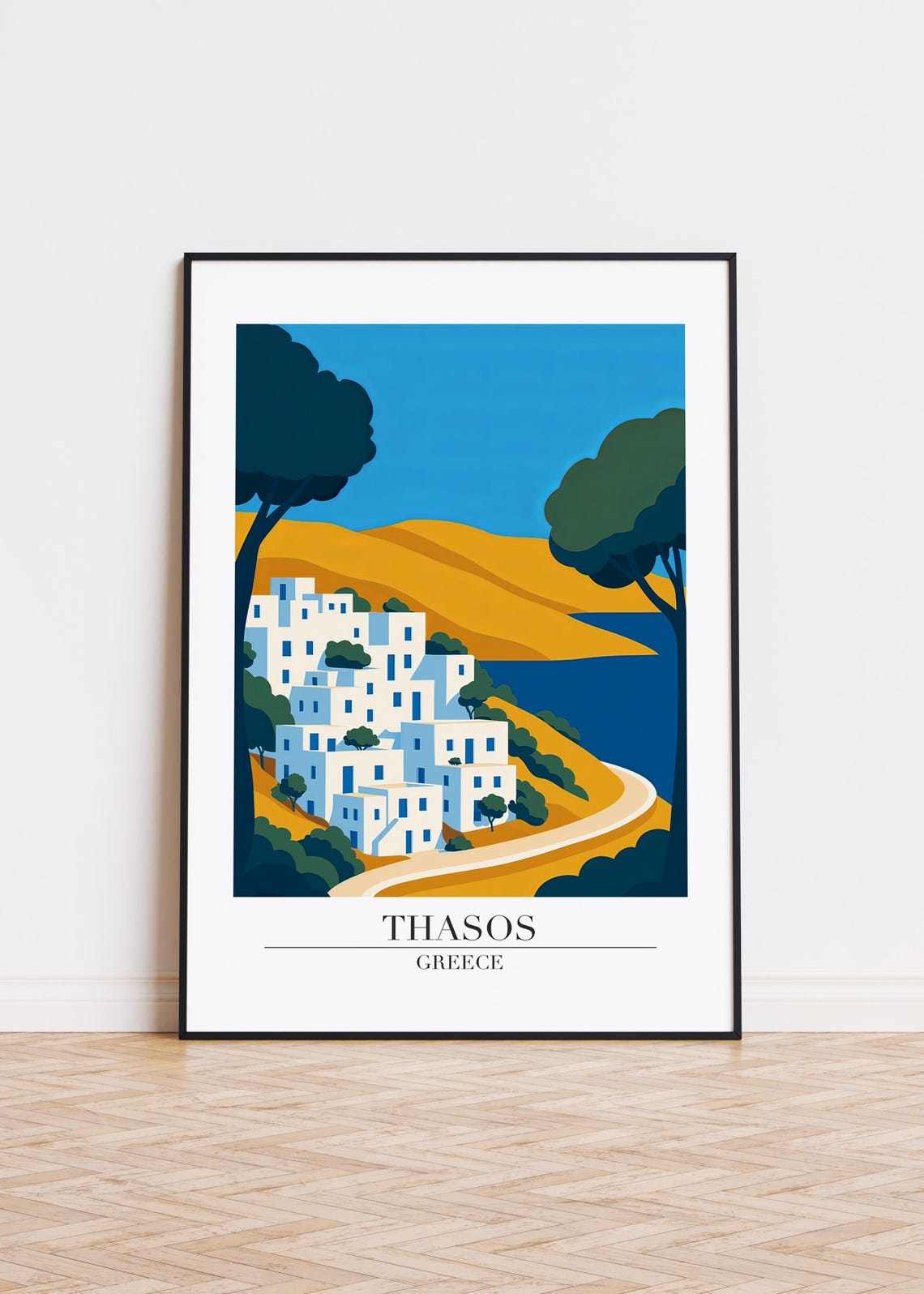 Thasos Greece White Village Hillside Coast Illustration Poster