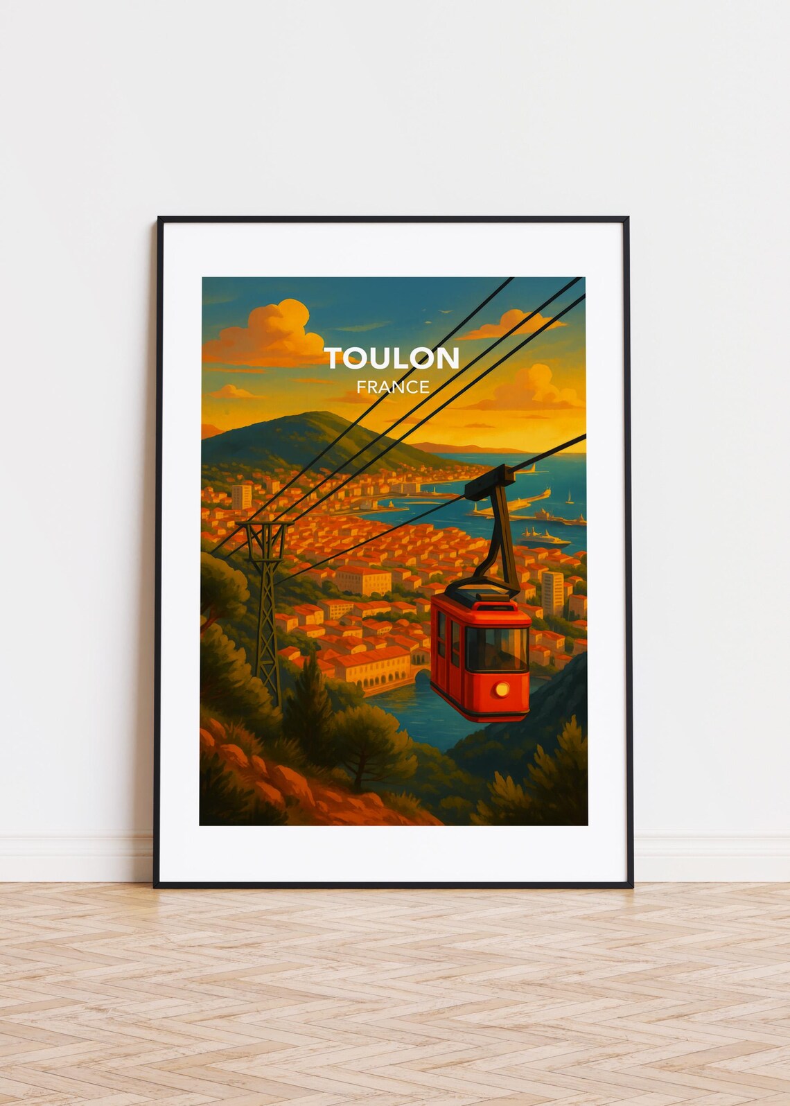 Toulon France Cable Car Sunset Harbor Vintage Travel Art Poster
