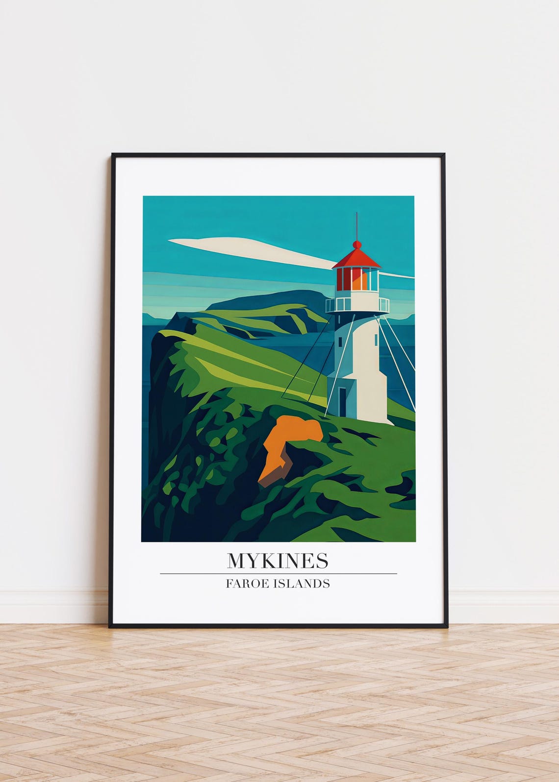Mykines Faroe Islands Lighthouse Cliffs Retro Travel Poster Art
