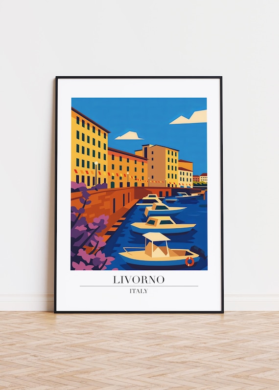 Livorno Italy Modern Harbor Illustration Boats Travel Poster