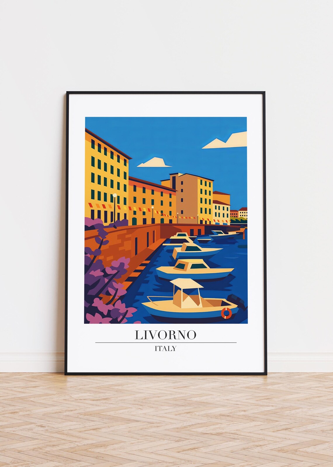Livorno Italy Modern Harbor Illustration Boats Travel Poster