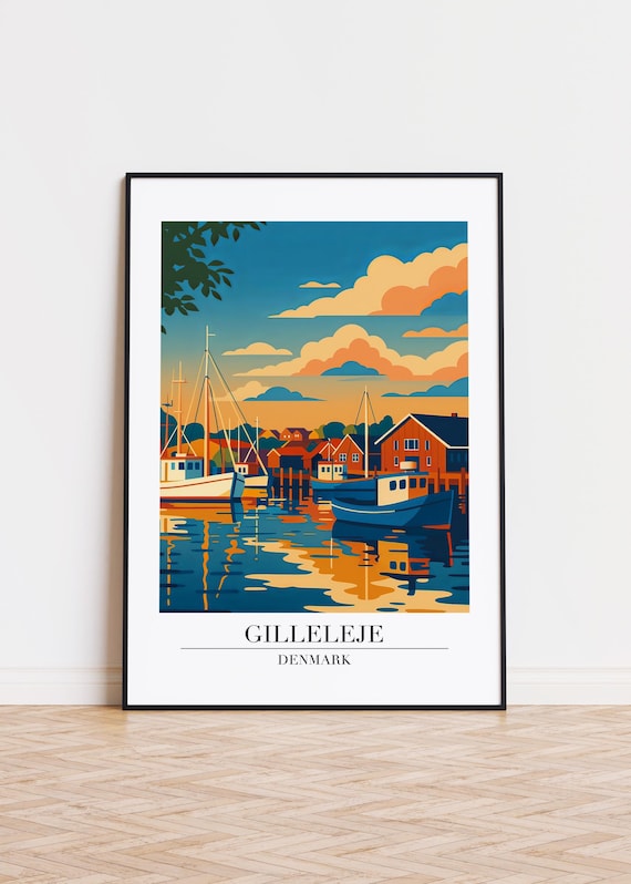 Gilleleje Denmark Fishing Harbor At Sunset Retro Travel Poster