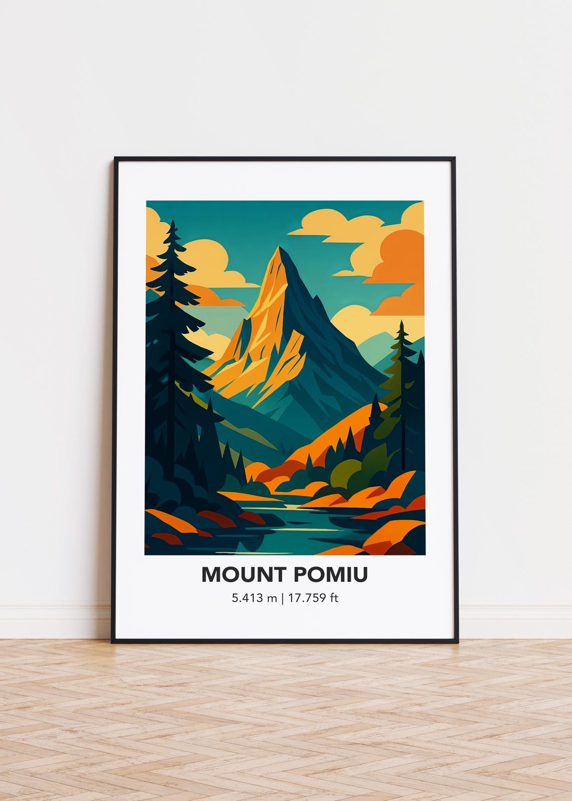 Mount Pomiu Elevation Alpine Lake Geometric Mountain Art Poster