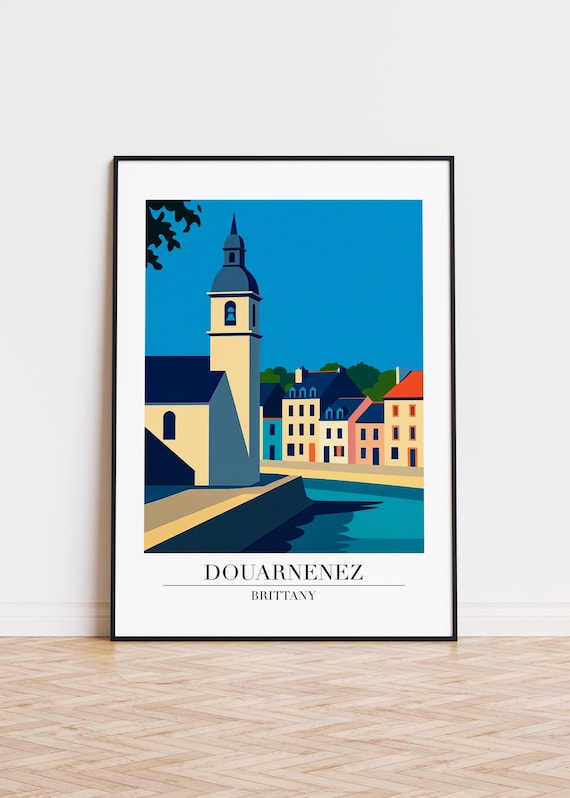 Douarnenez Brittany Bell Tower Harbor Vintage Travel Art Poster