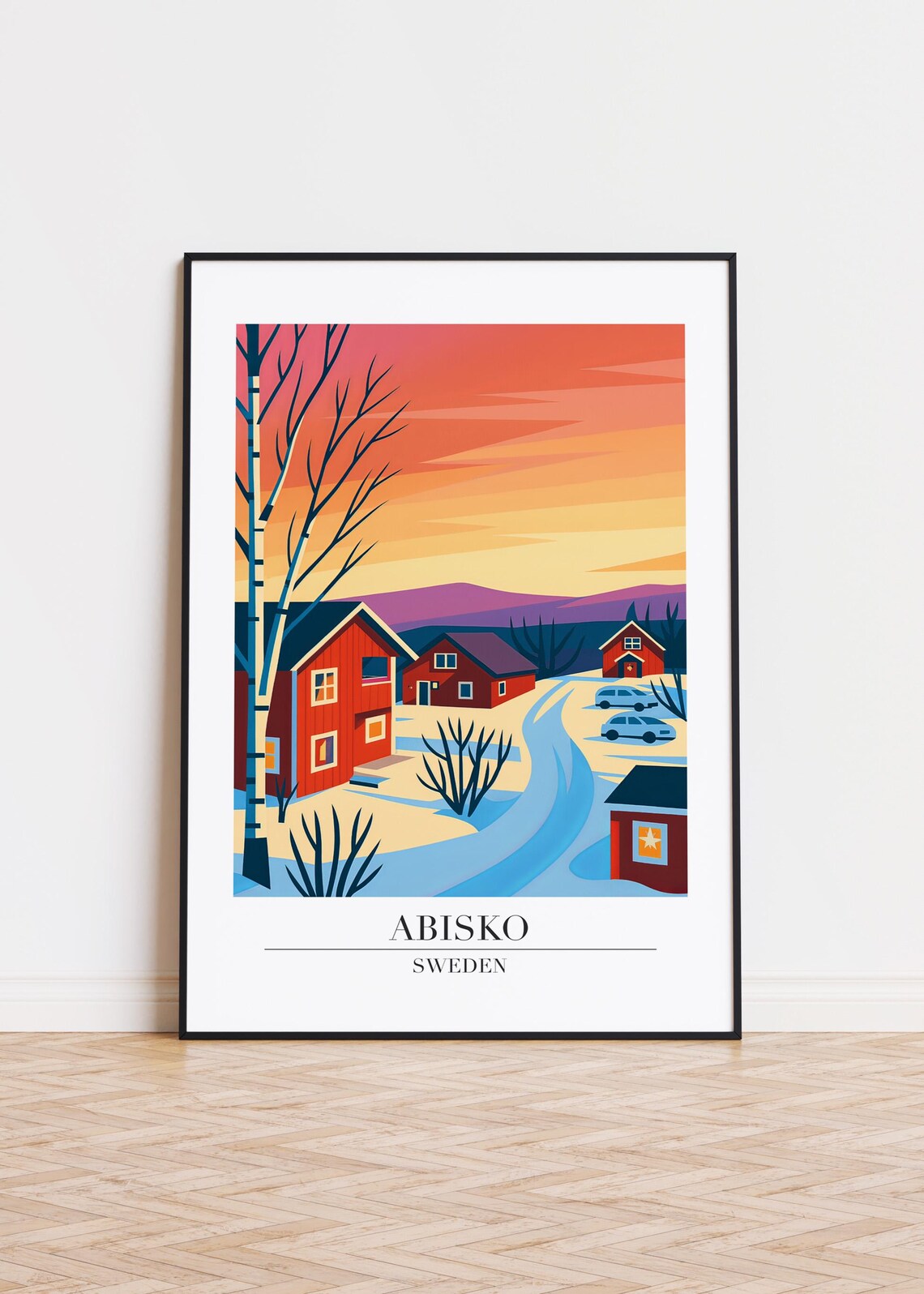 Abisko Sweden Travel Poster Snowy Village Red Cabins Sunset Artwork