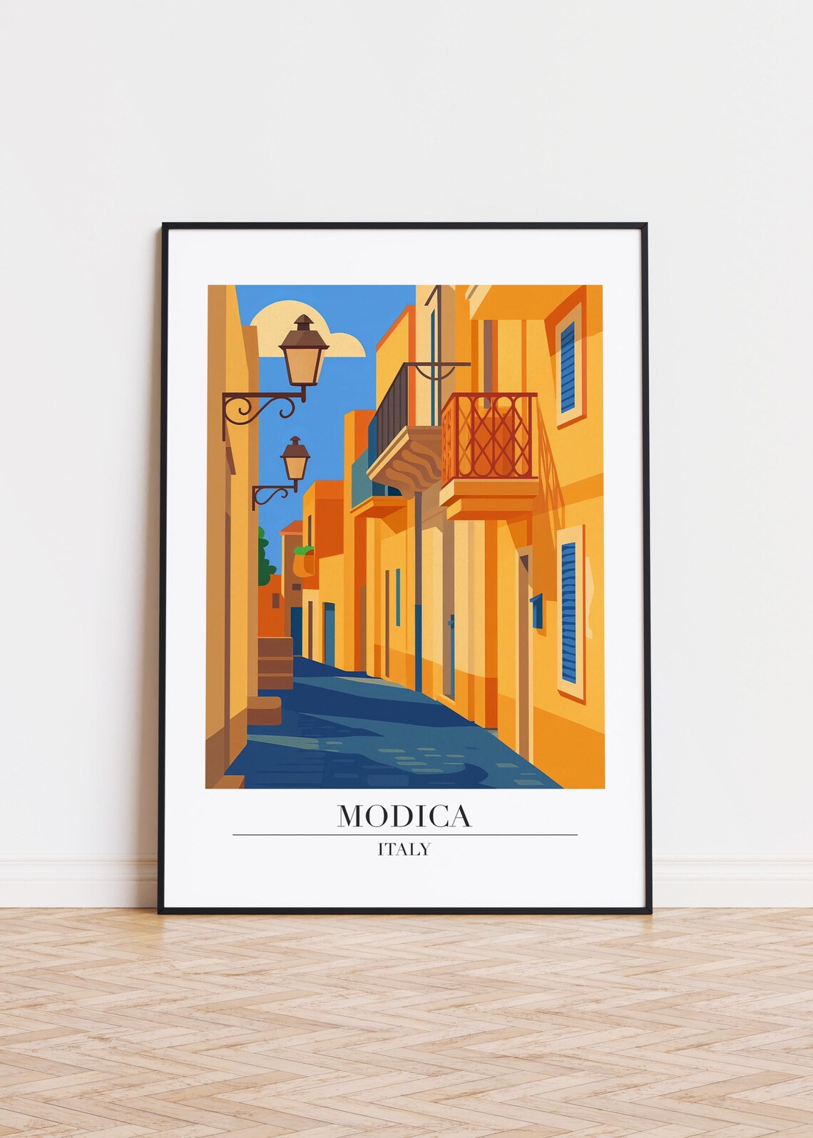Modica Italy Modern Travel Illustration Sunlit Old Town Street Poster
