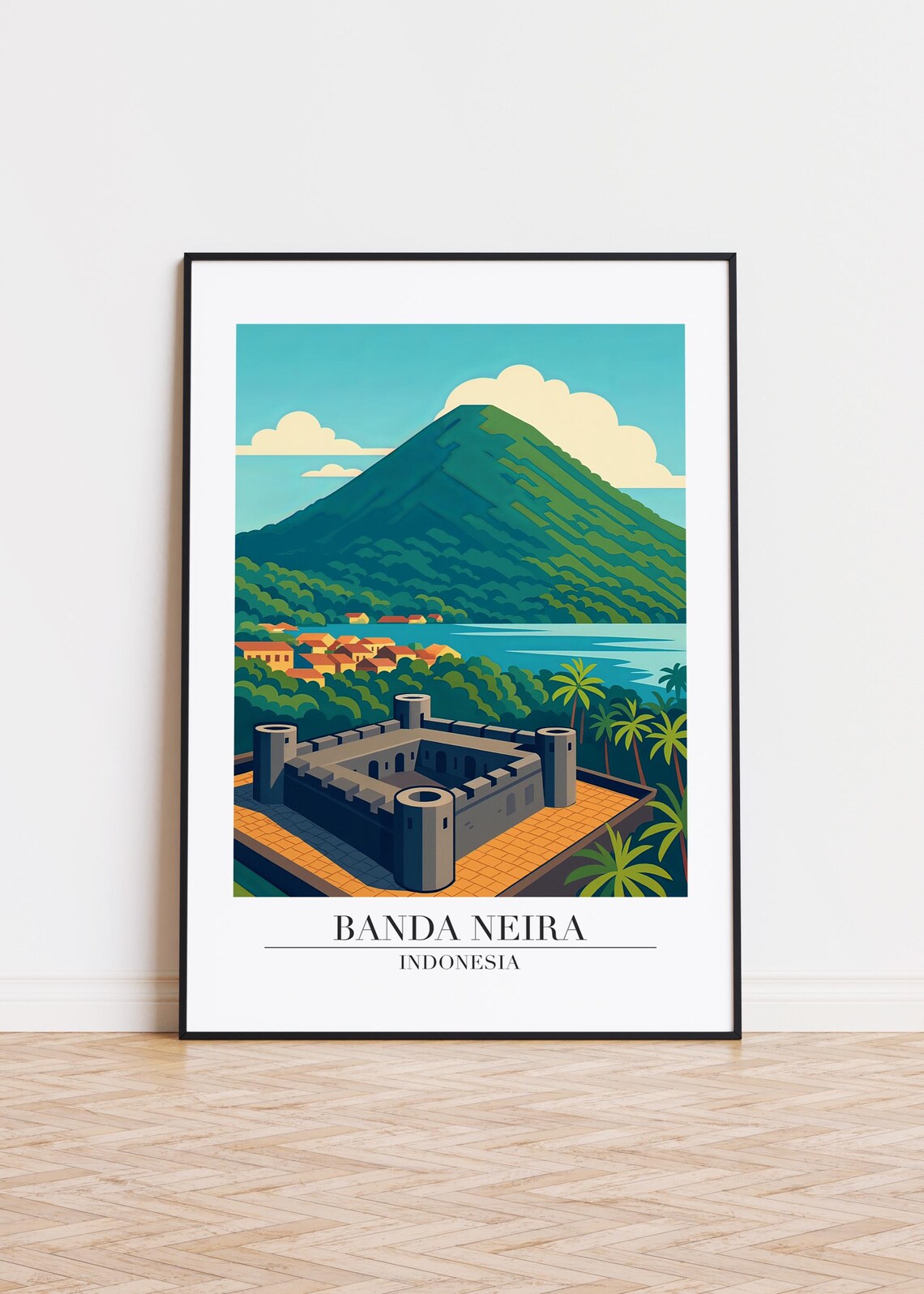 Banda Neira Indonesia Old Fort Beneath Green Volcano Travel Poster