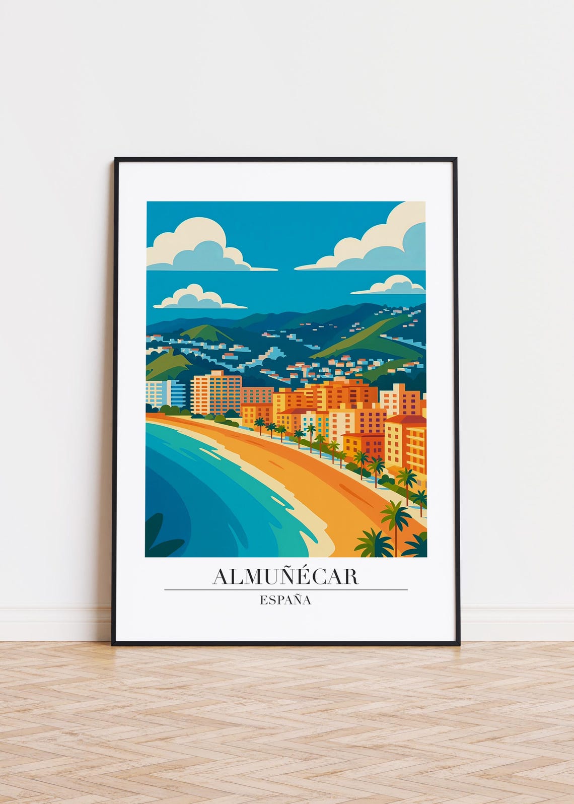 Almuñécar Spain Retro Beachfront Cityscape Travel Poster Illustration