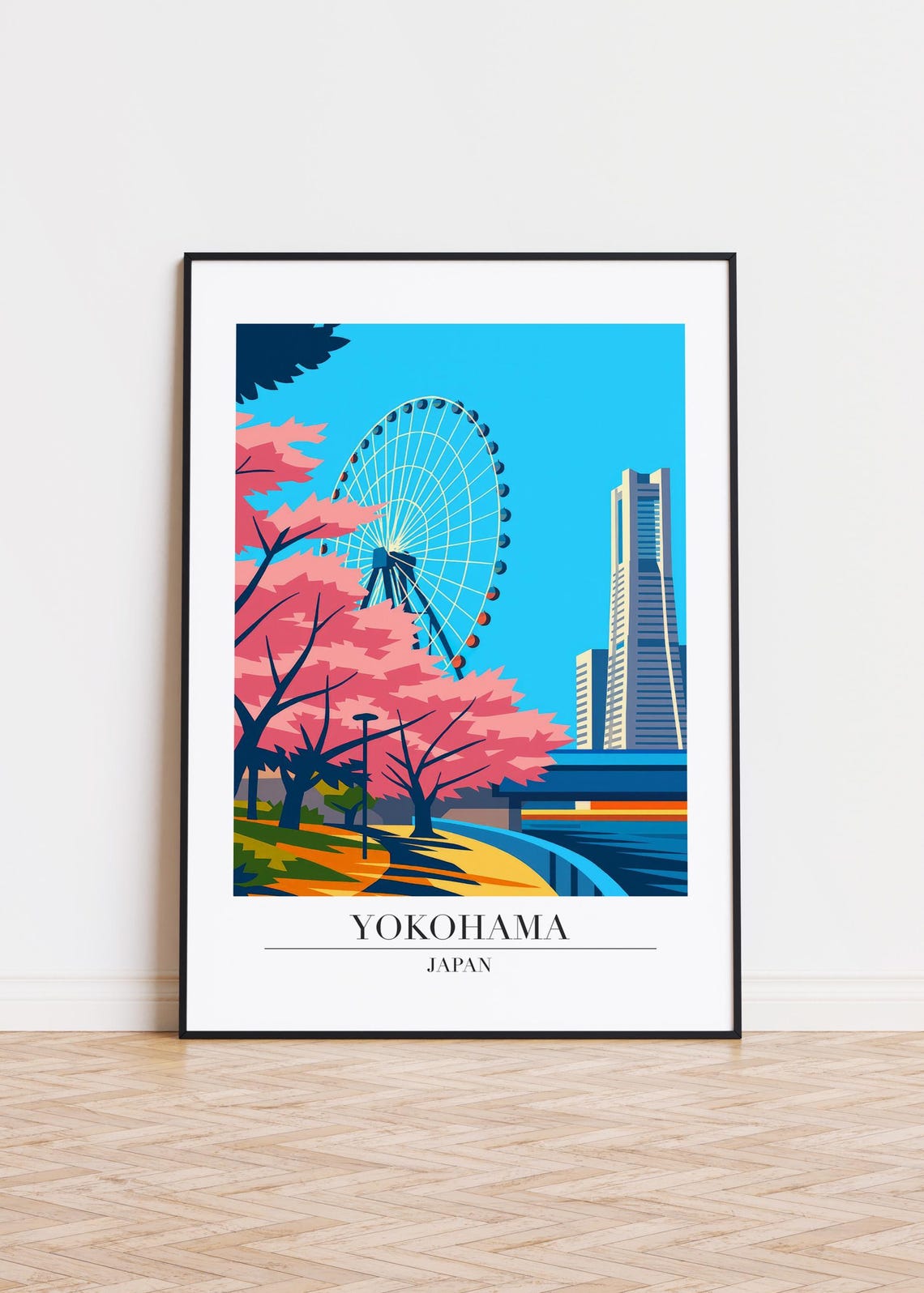 Yokohama Japan Ferris Wheel Cherry Blossom Illustration Poster