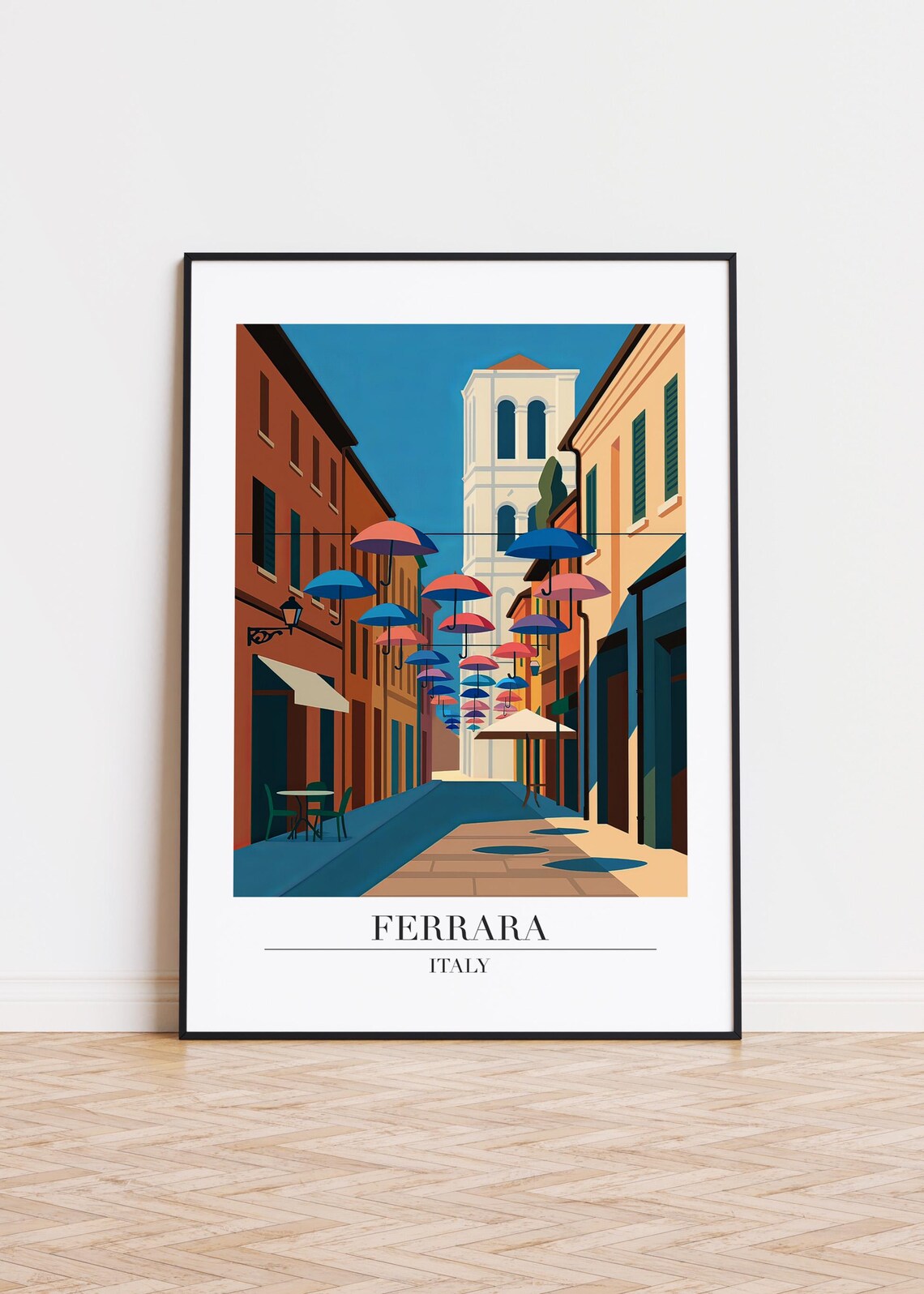 Ferrara Italy Street with Colorful Umbrellas Overhead Travel Poster