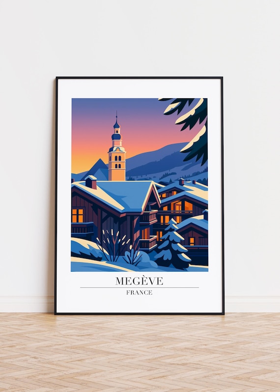 Megève France Snowy Alpine Village Sunset Illustrated Travel Poster