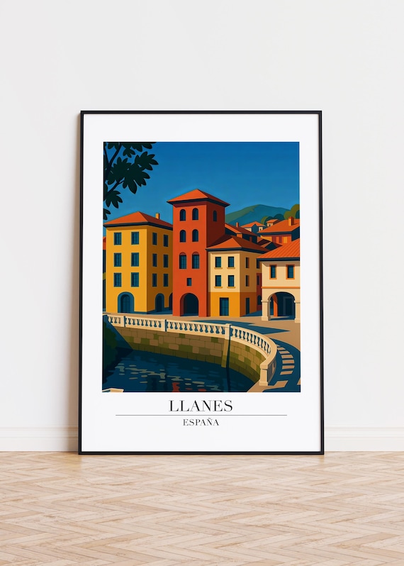 Llanes Spain Old Town Stone River Bridge Modern Travel Poster