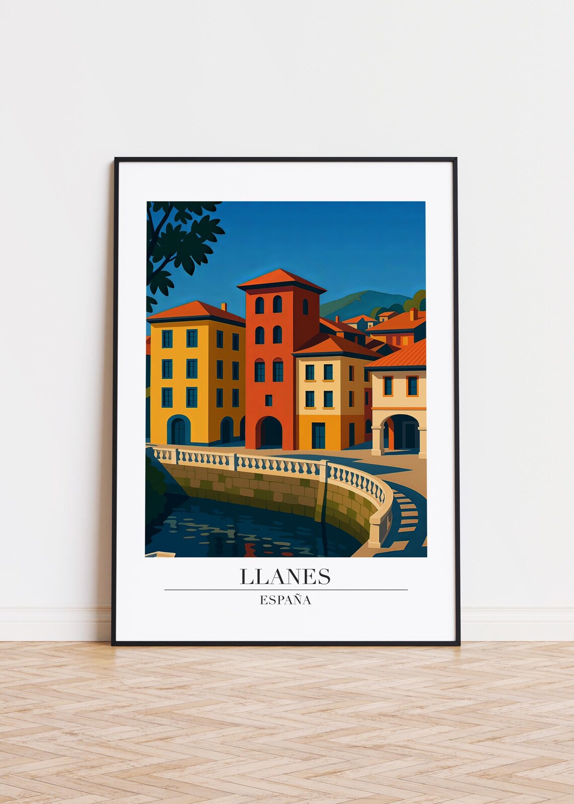 Llanes Spain Old Town Stone River Bridge Modern Travel Poster