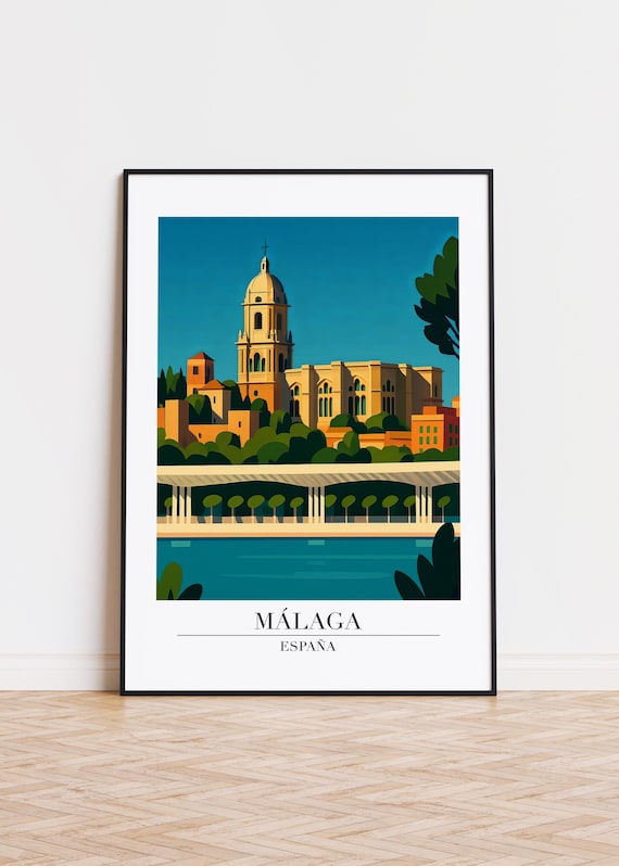 Malaga Spain Cathedral Harbor Modern Travel Illustration Poster