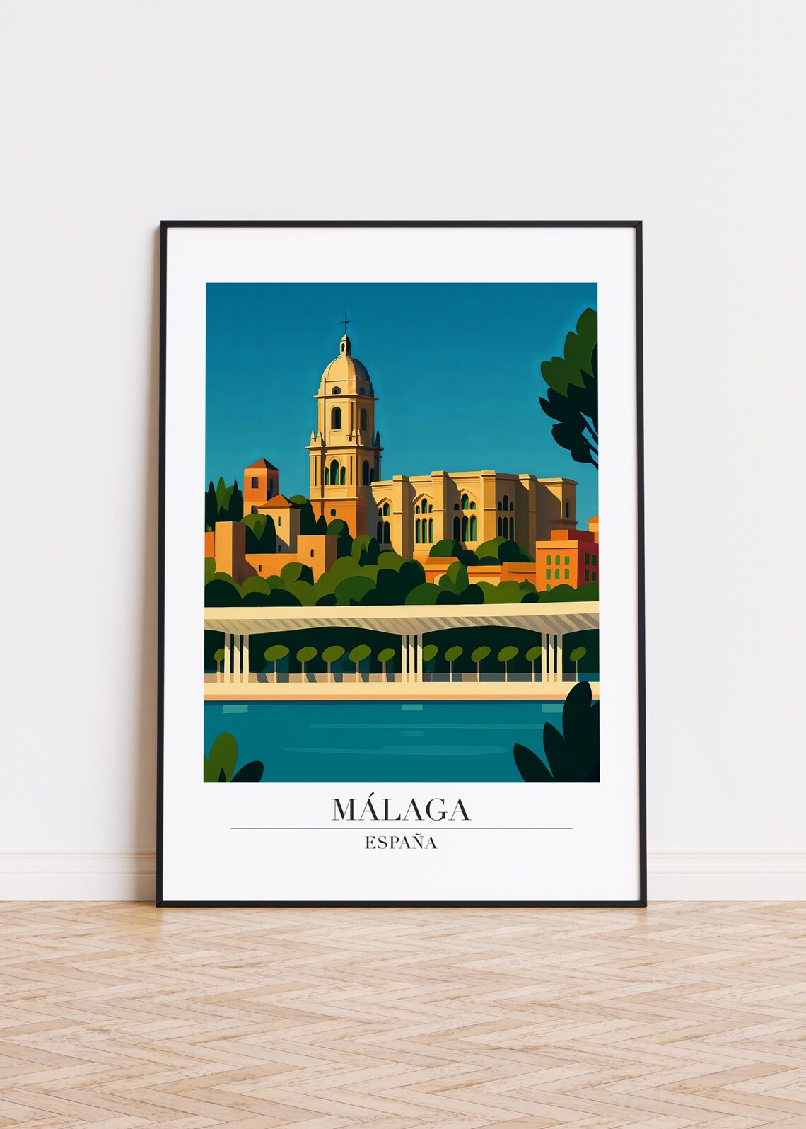 Malaga Spain Cathedral Harbor Modern Travel Illustration Poster