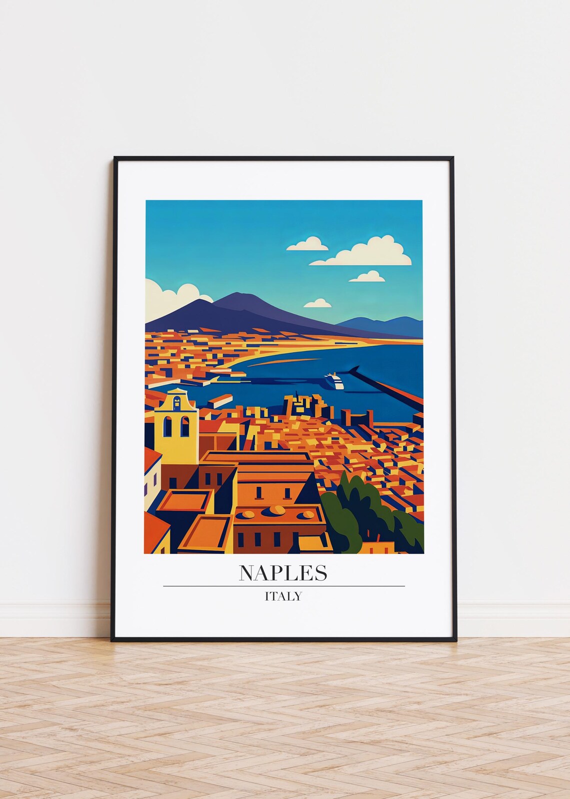 Naples Italy Vesuvius Bay Colorful Coastal Travel Illustration Poster