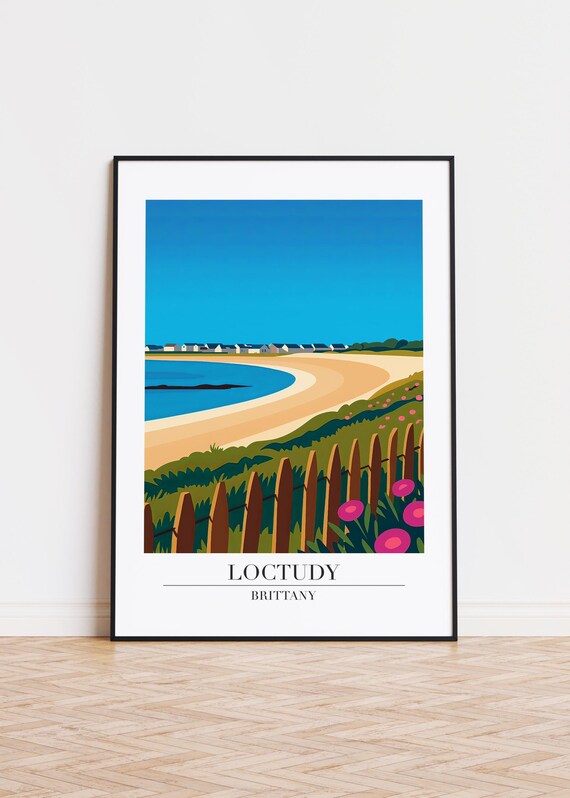 Loctudy Brittany France Curving Beach Flowers Retro Travel Poster