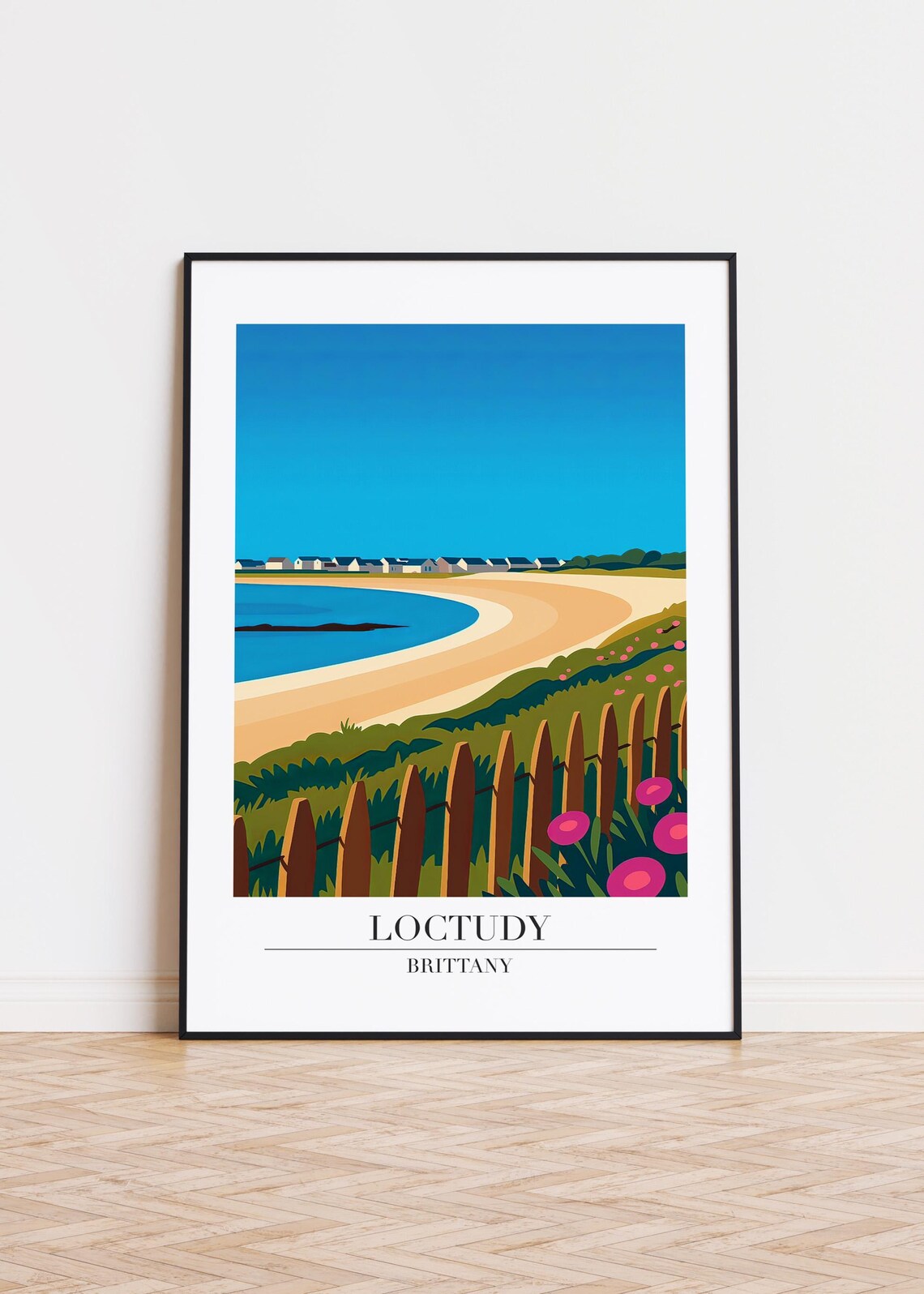 Loctudy Brittany France Curving Beach Flowers Retro Travel Poster