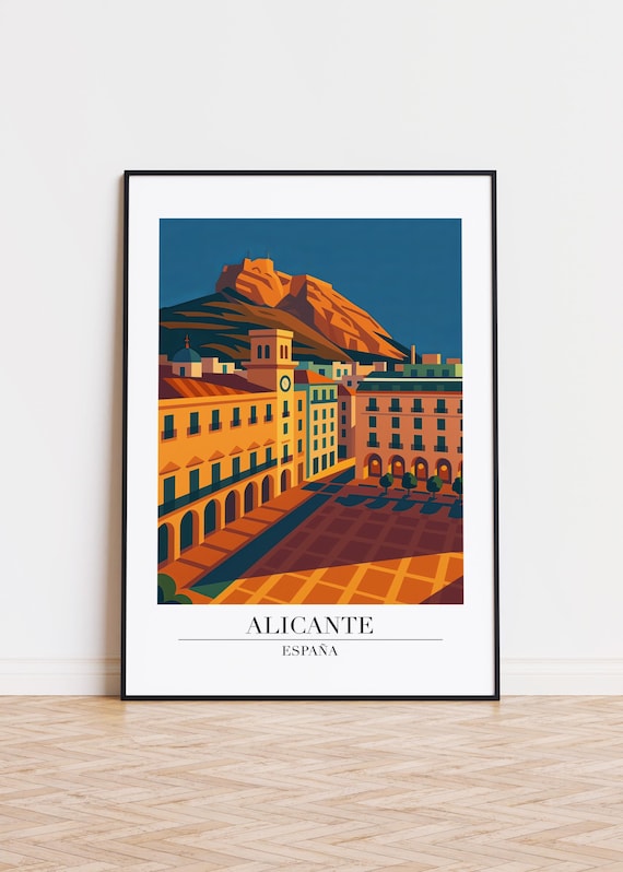 Alicante Spain Old Town Plaza Modern Travel Poster with Castle Hill View
