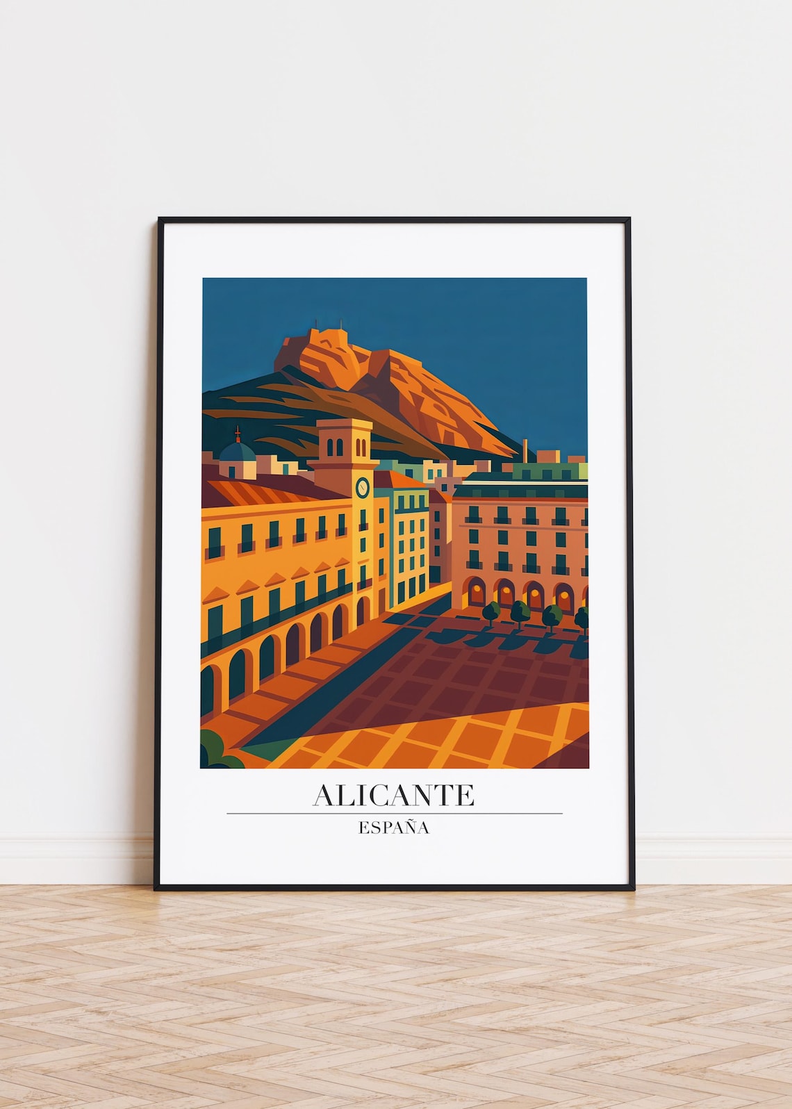 Alicante Spain Old Town Plaza Modern Travel Poster with Castle Hill View