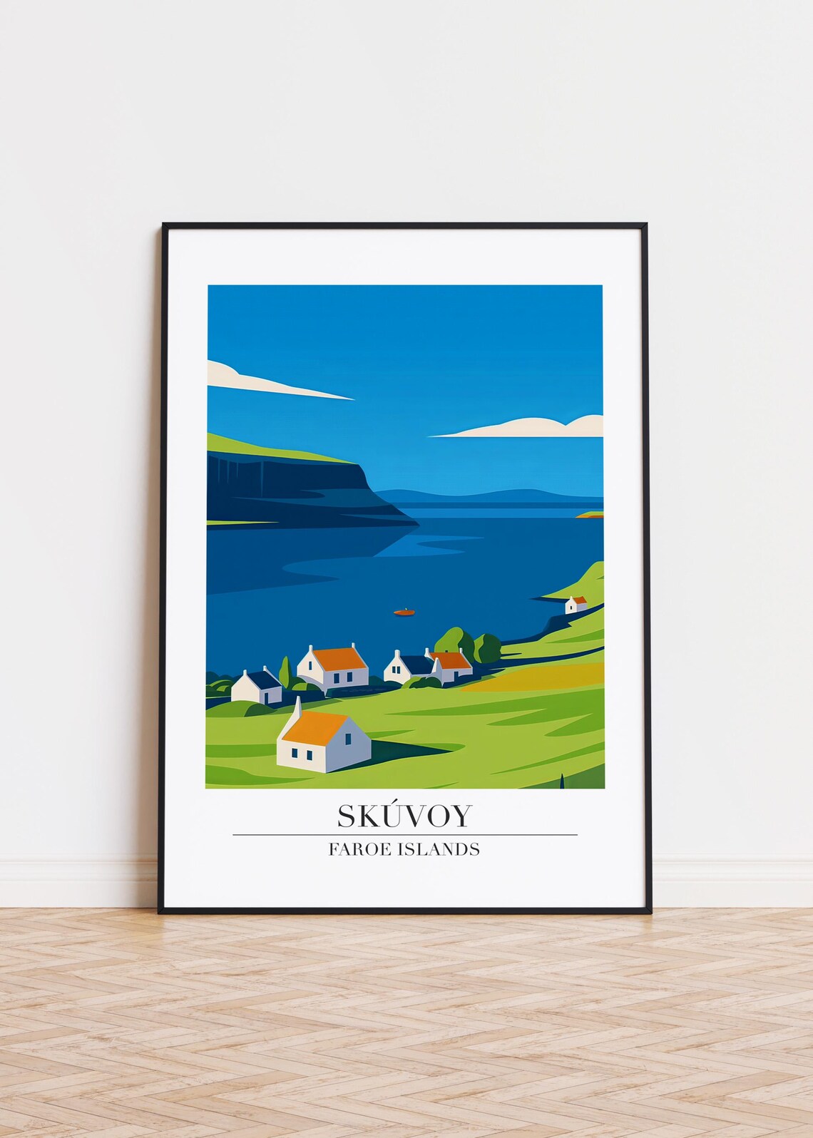 Skúvoy Faroe Islands Bay Cottages Green Hills Nordic Travel Poster