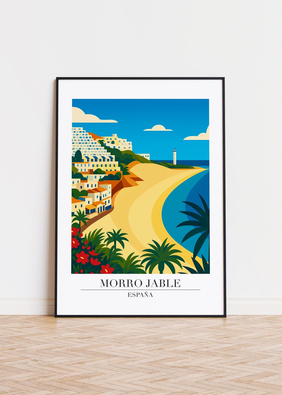 Morro Jable Spain Poster Lighthouse Beach and White Buildings