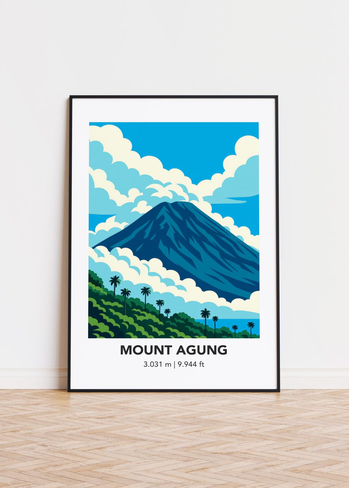 Mount Agung Volcano Palm Trees Tropical Peak Vintage Travel Art Poster
