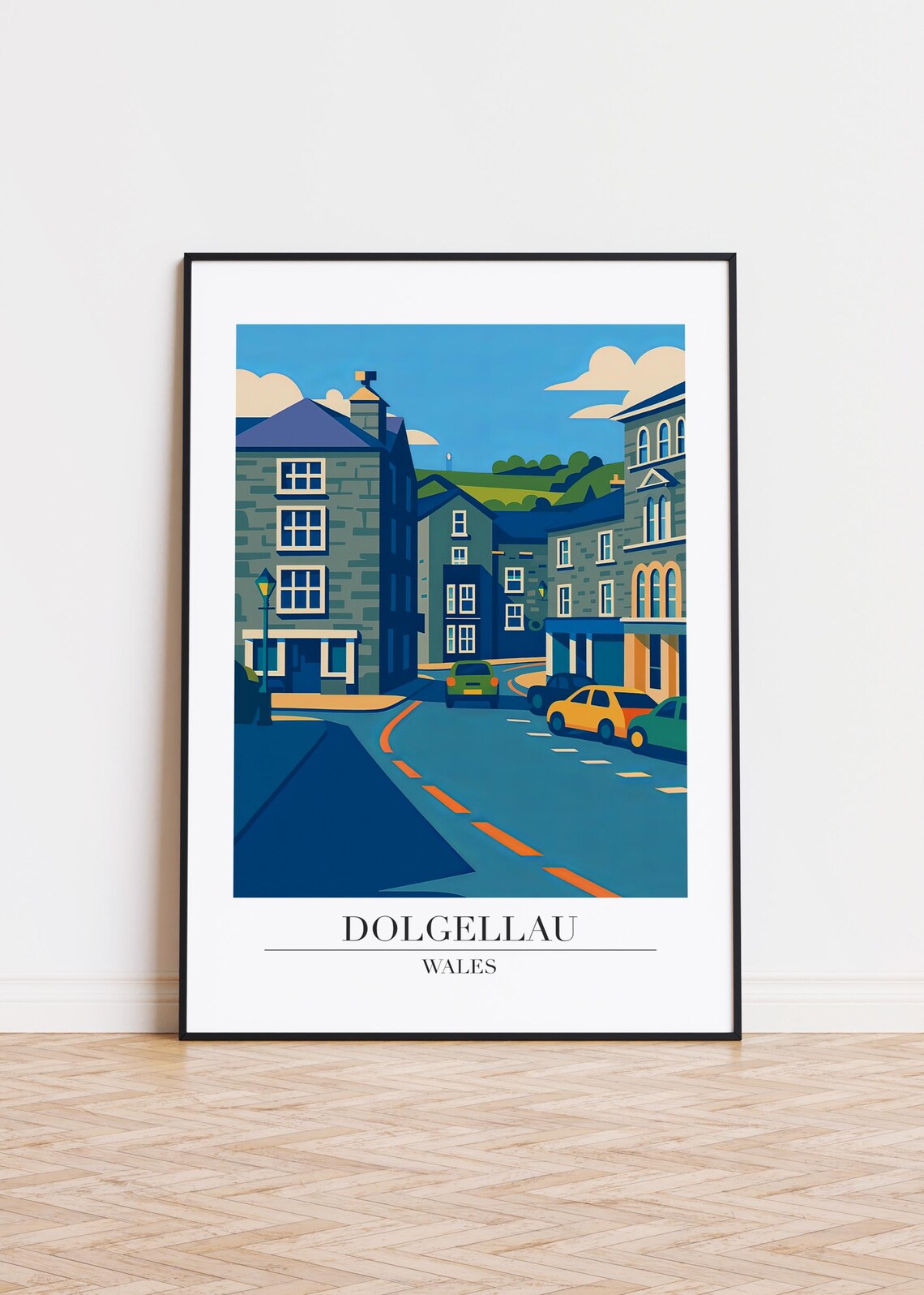Dolgellau Wales Slate Town Street Cars Modern Travel Illustration Poster