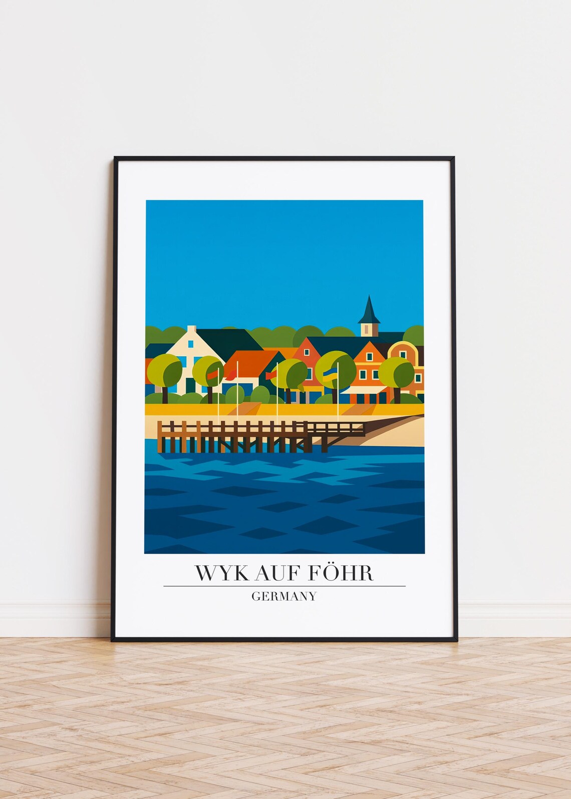Wyk auf Föhr Germany Seaside Pier Village Colorful Modern Illustration Travel Poster