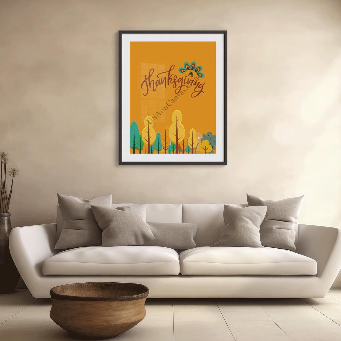 Thanksgiving Script Word Art with Autumn Trees in Warm Orange Poster