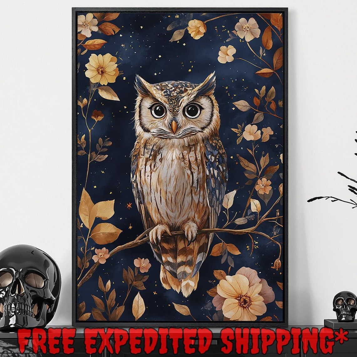 Cute Owl With Big Eyes On Branch Among Golden Flowers Night Sky Poster