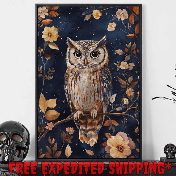 Owl On Branch Of Flower Tree Print Starry Night Sky Gothic Decor Mystical Bird Dark Academia Poster Ready To Hang Framed Wall Art
