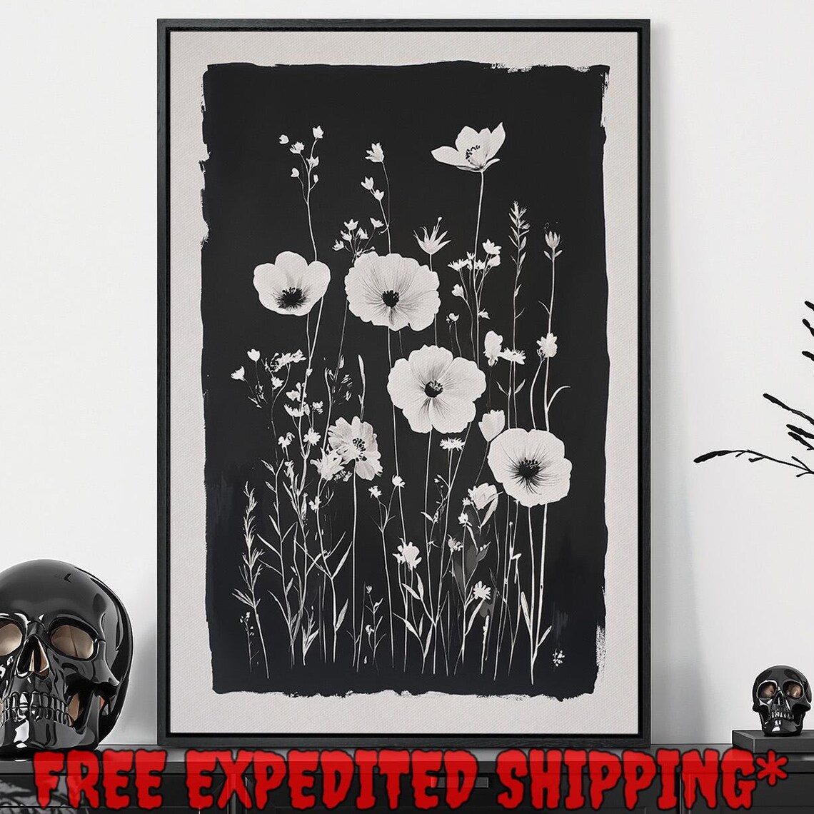 Monochrome White Wildflowers On Black Minimalist Botanical Art Poster