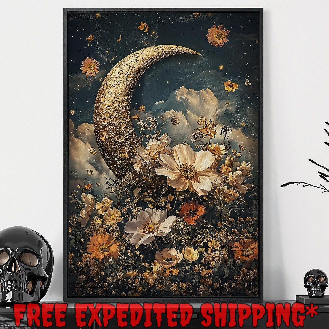 Golden Crescent Moon Wildflower Meadow Clouds Starry Night Surreal Wall Art