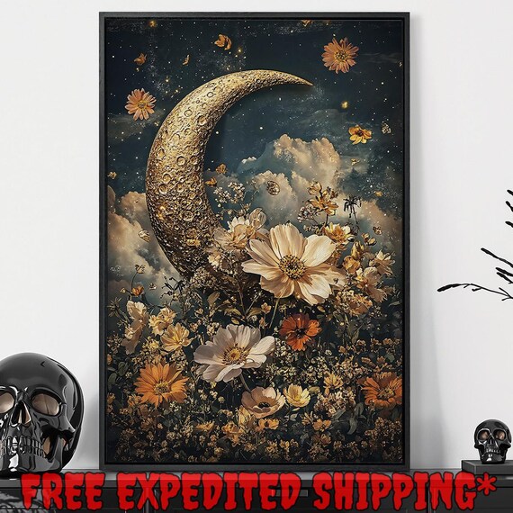 Golden Crescent Moon Wildflower Meadow Clouds Starry Night Surreal Wall Art