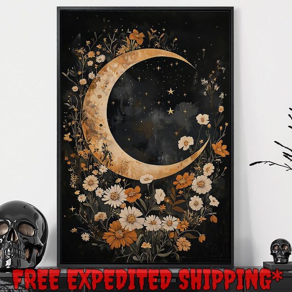 Golden Crescent Moon Wildflower Night Sky Dark Celestial Floral Wall Art