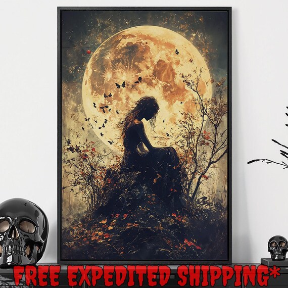 Girl Silhouette Under Giant Full Moon With Butterflies Autumn Night Poster